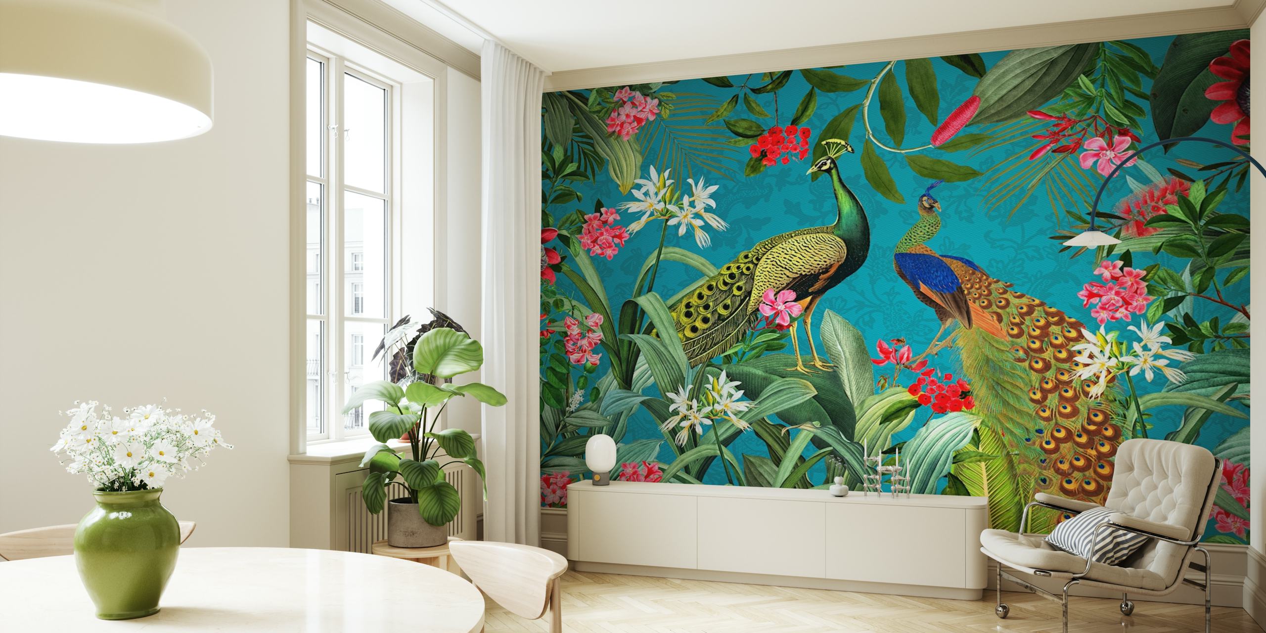 Peacock birds among tropical flowers and leaves in blue wallpaper